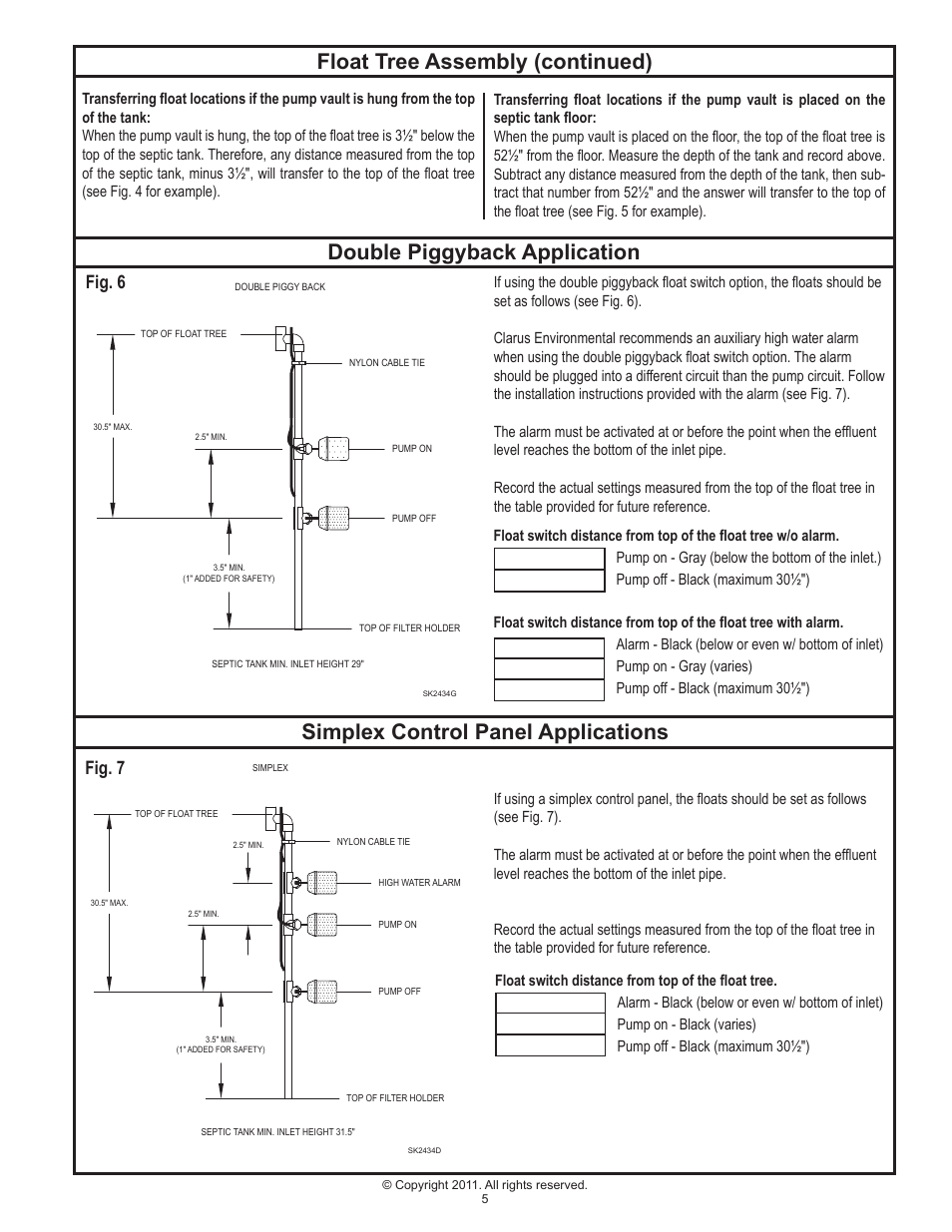 Double piggyback application, Float tree assembly (continued), Simplex control panel applications | Fig. 6, Fig. 7 | Clarus Environmental Turbine STEP Systems User Manual | Page 5 / 12