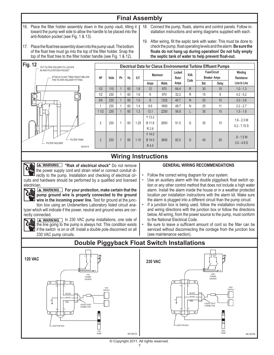 Final assembly, Wiring instructions, Double piggyback float switch installations | Fig. 12 | Clarus Environmental Turbine STEP Systems User Manual | Page 7 / 12