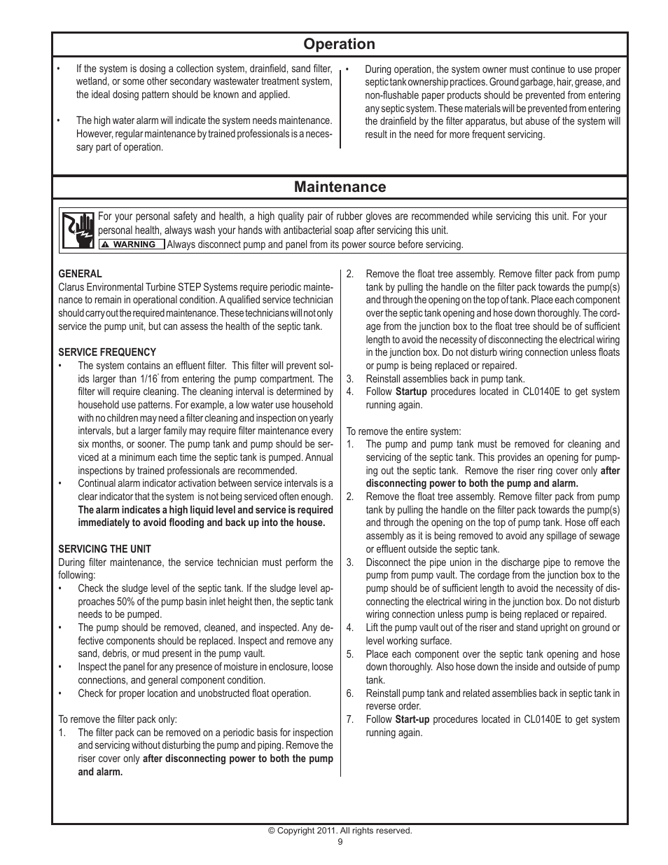 Operation, Maintenance | Clarus Environmental Turbine STEP Systems User Manual | Page 9 / 12