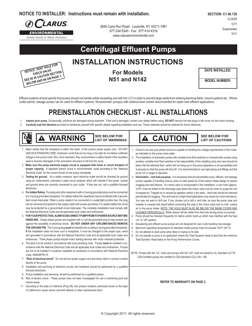 Clarus Environmental Centrifugal Effluent Pumps (N51,N142) User Manual | 4 pages