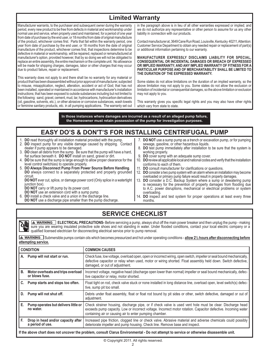 Limited warranty, Service checklist | Clarus Environmental Centrifugal Effluent Pumps (N51,N142) User Manual | Page 2 / 4