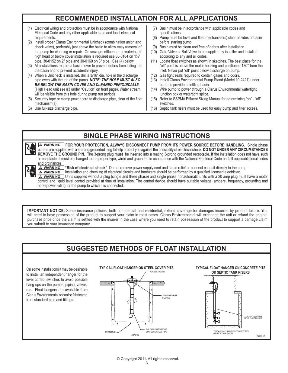 Recommended installation for all applications, Single phase wiring instructions, Suggested methods of float installation | Clarus Environmental Centrifugal Effluent Pumps (N51,N142) User Manual | Page 3 / 4