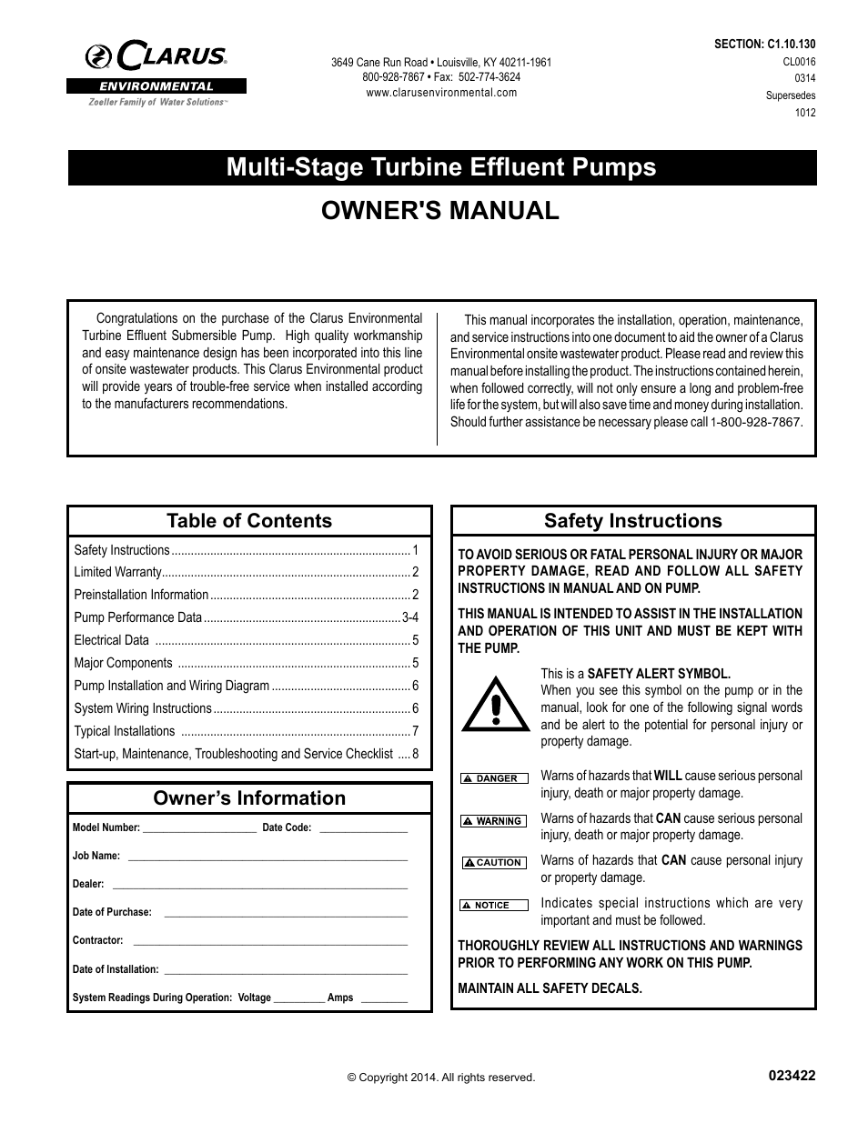 Clarus Environmental Turbine Effluent Pumps User Manual | 8 pages