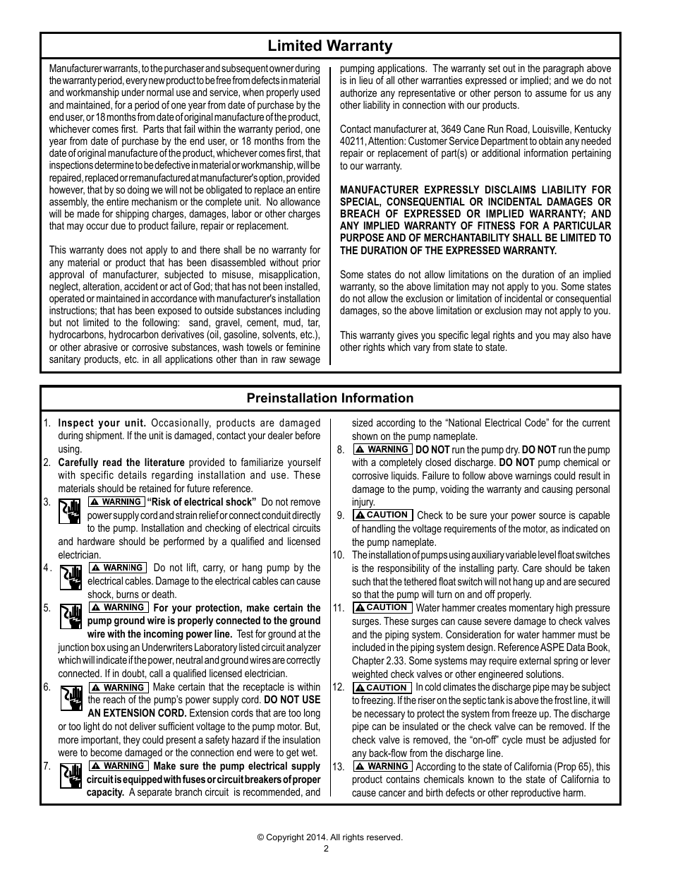 Limited warranty | Clarus Environmental Turbine Effluent Pumps User Manual | Page 2 / 8