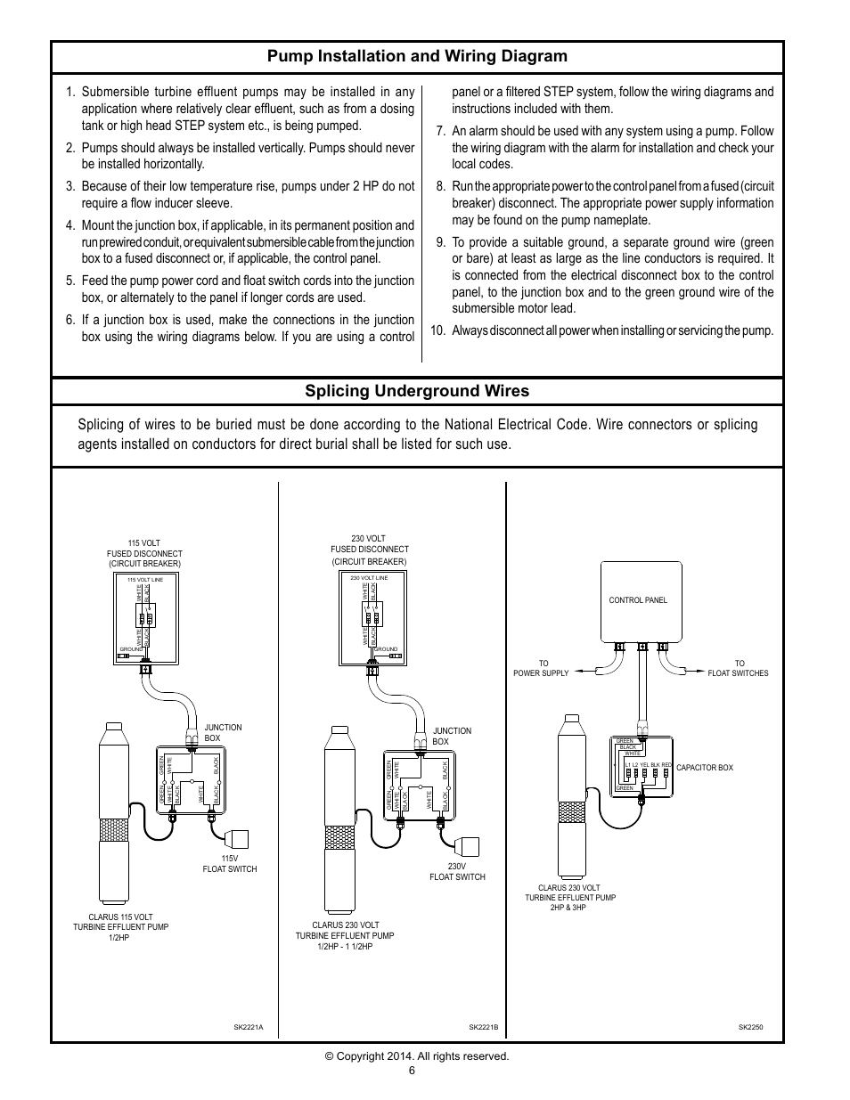 Pump installation and wiring diagram, Splicing underground wires | Clarus Environmental Turbine Effluent Pumps User Manual | Page 6 / 8