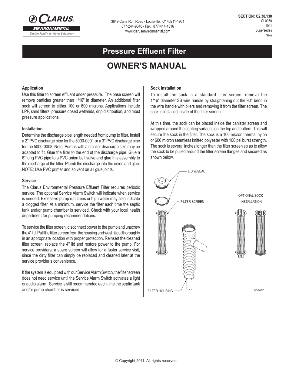 Clarus Environmental Pressure Effluent Filter User Manual | 2 pages