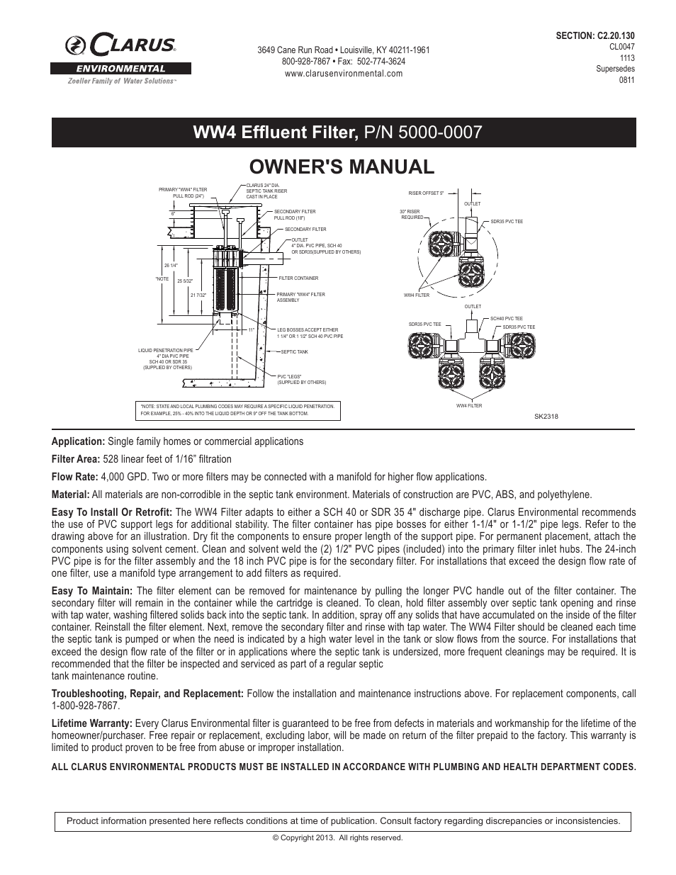 Clarus Environmental WW4 Effluent Filter User Manual | 1 page