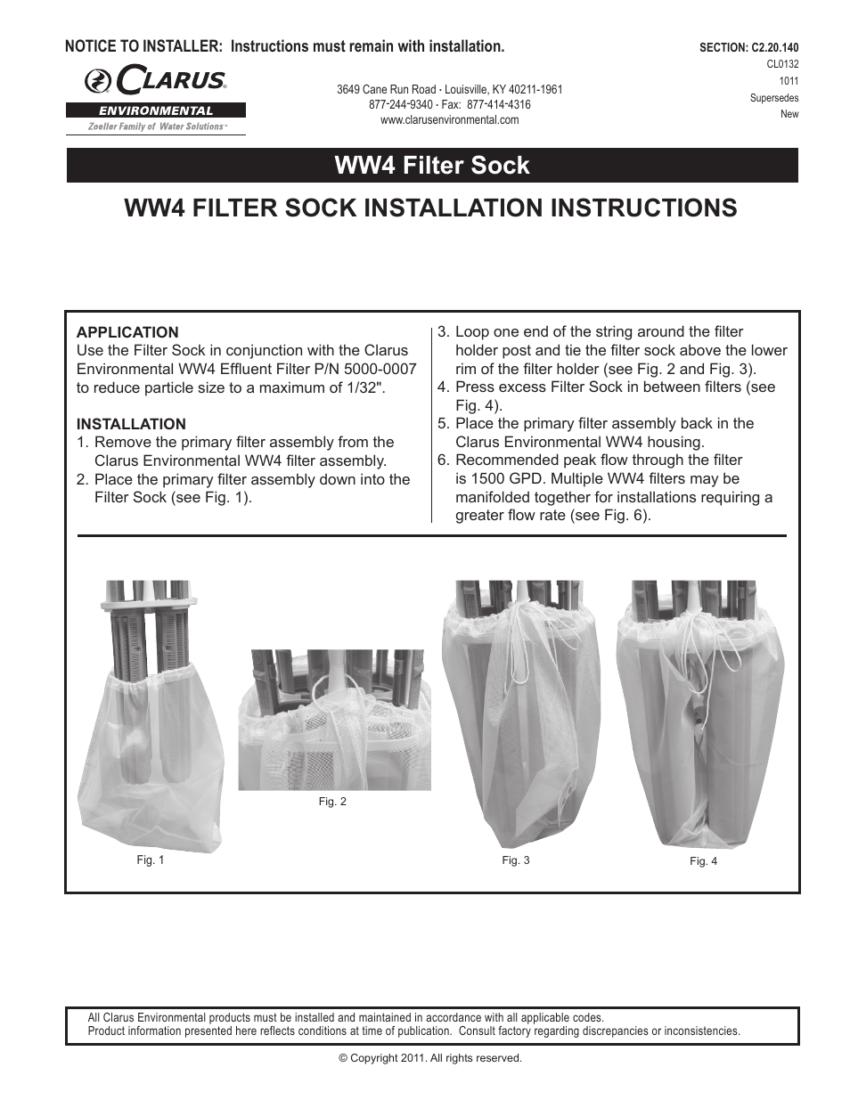 Clarus Environmental WW4 Filter Sock User Manual | 2 pages