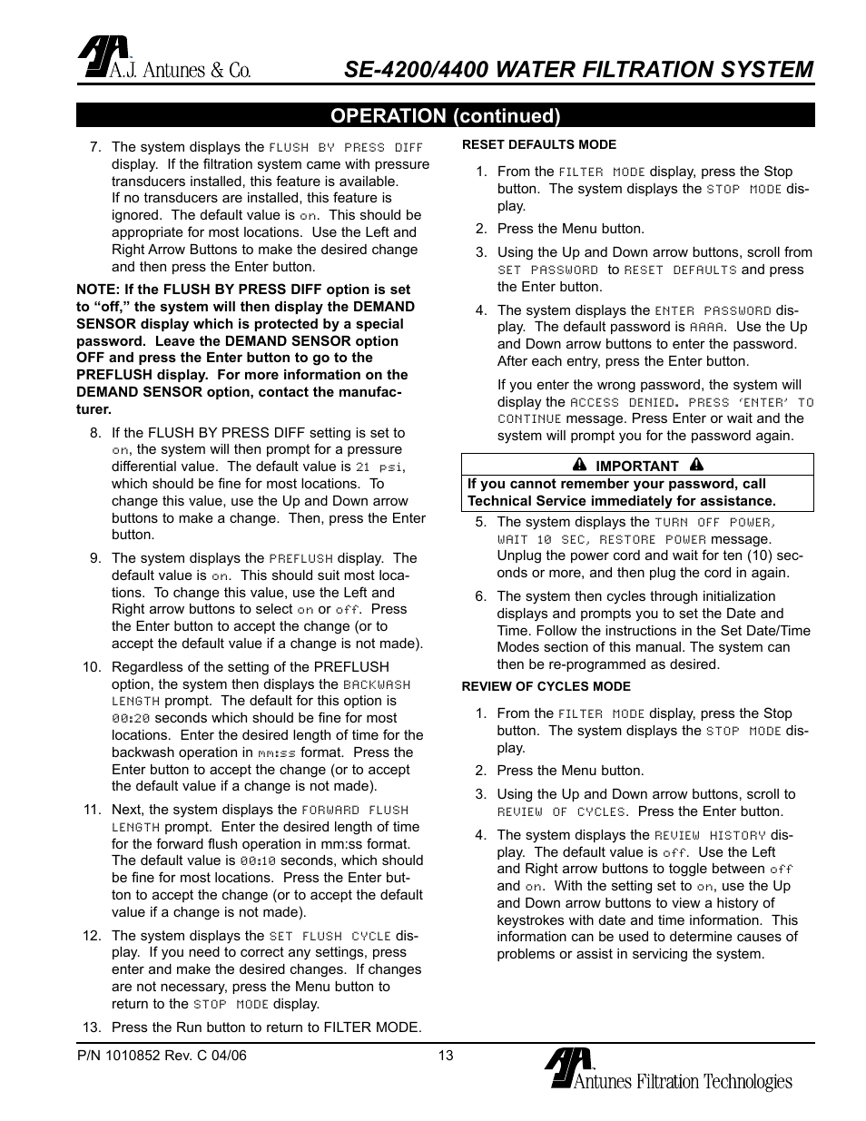 Operation (continued) | Antunes, AJ SE-4200/4400 User Manual | Page 13 / 24