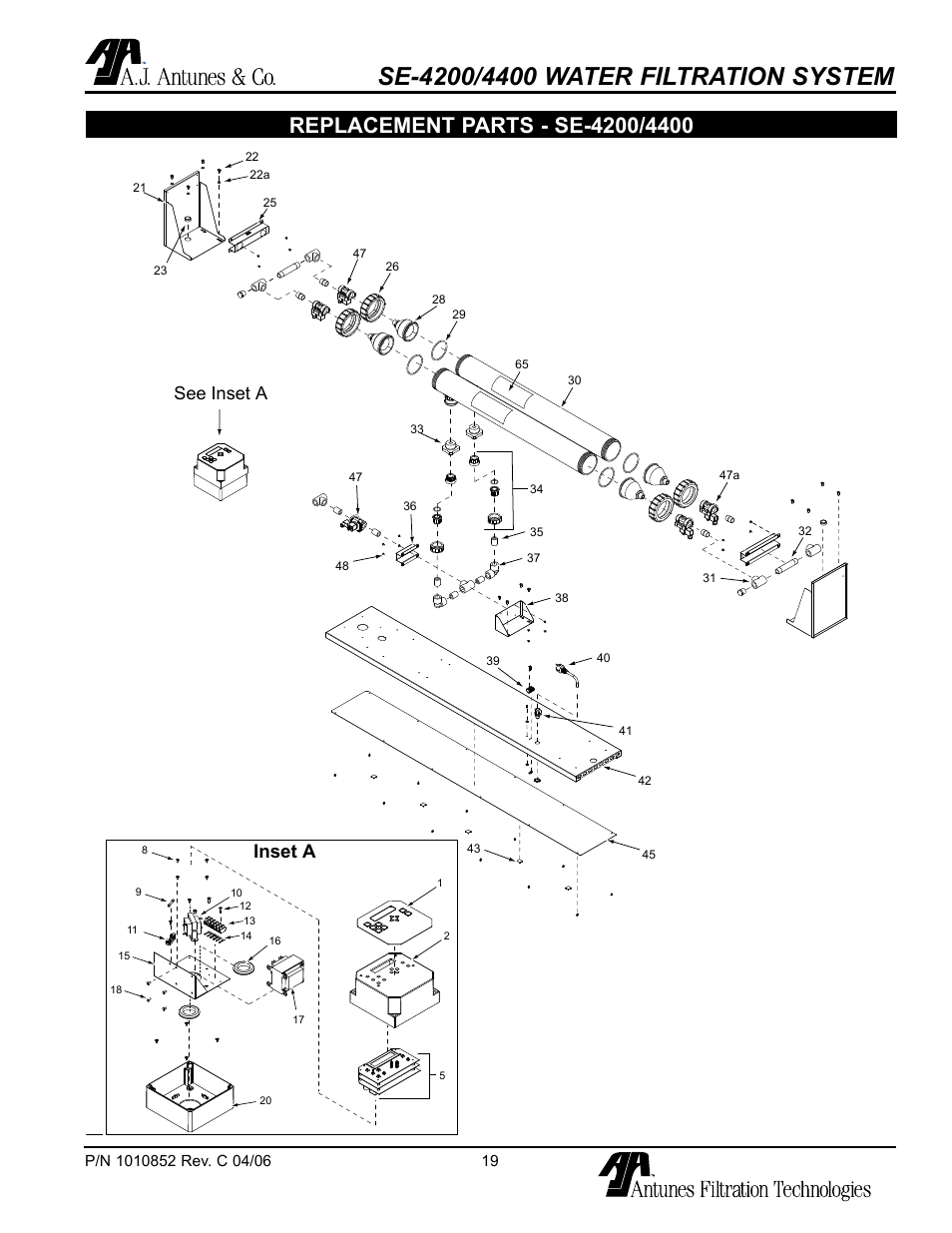 Replacement parts - se-4200/4400, See inset a, Inset a | Antunes, AJ SE-4200/4400 User Manual | Page 19 / 24