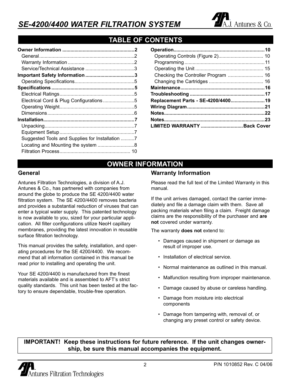 Owner information, General, Warranty information | Owner information table of contents | Antunes, AJ SE-4200/4400 User Manual | Page 2 / 24