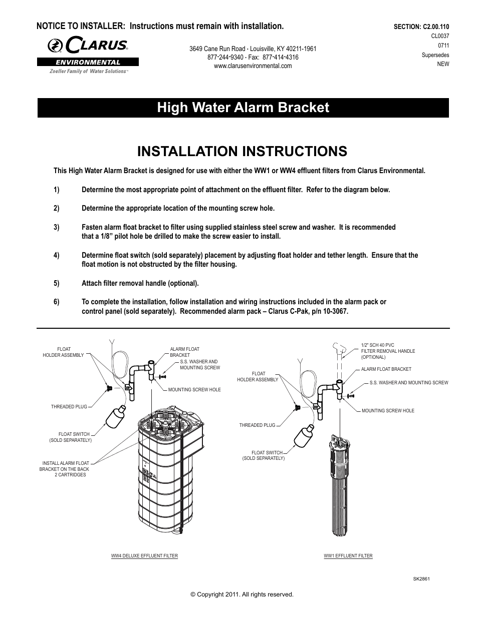 Clarus Environmental WW1 High Water Alarm Bracket User Manual | 2 pages