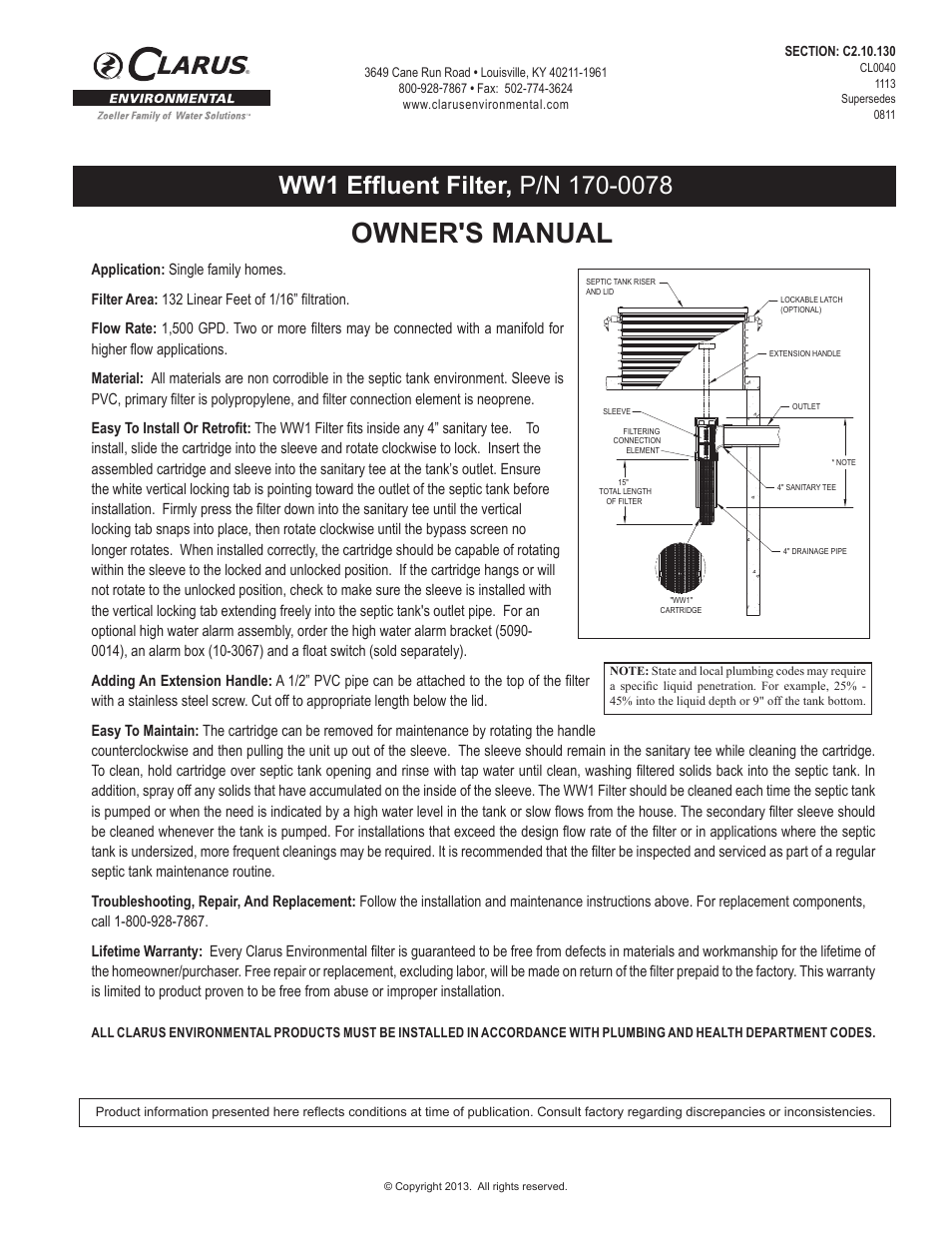 Clarus Environmental WW1 Effluent Filter User Manual | 1 page