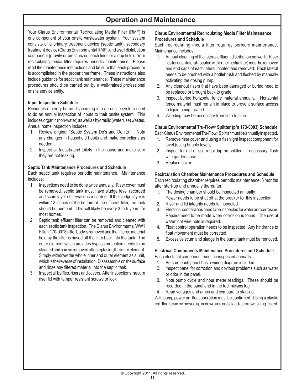 Operation and maintenance | Clarus Environmental Recirculating Media Filters User Manual | Page 11 / 12