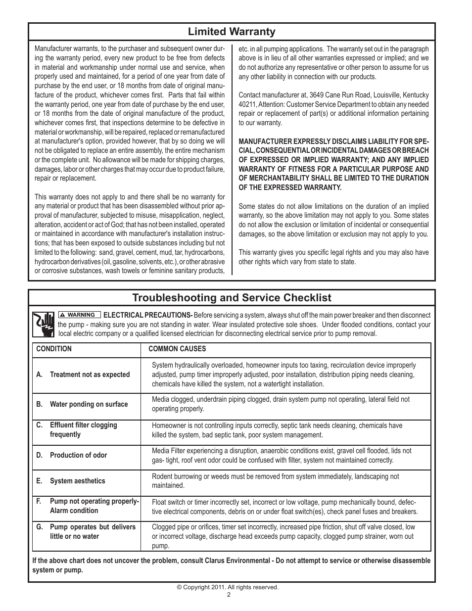 Troubleshooting and service checklist, Limited warranty | Clarus Environmental Recirculating Media Filters User Manual | Page 2 / 12