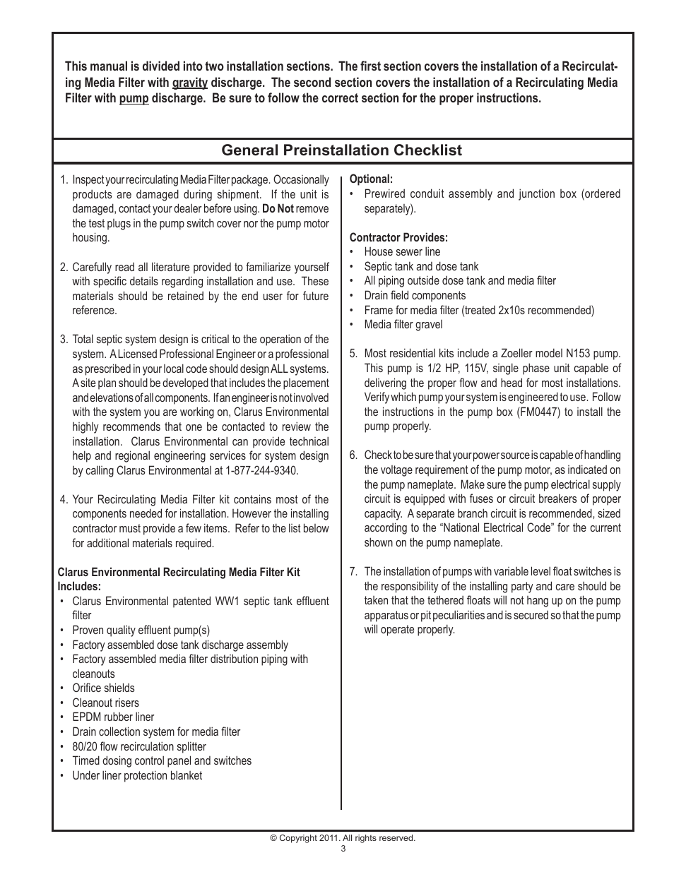 General preinstallation checklist | Clarus Environmental Recirculating Media Filters User Manual | Page 3 / 12