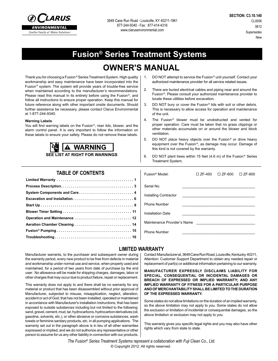 Clarus Environmental Fusion Series Treatment Systems 450/600/800 User Manual | 20 pages