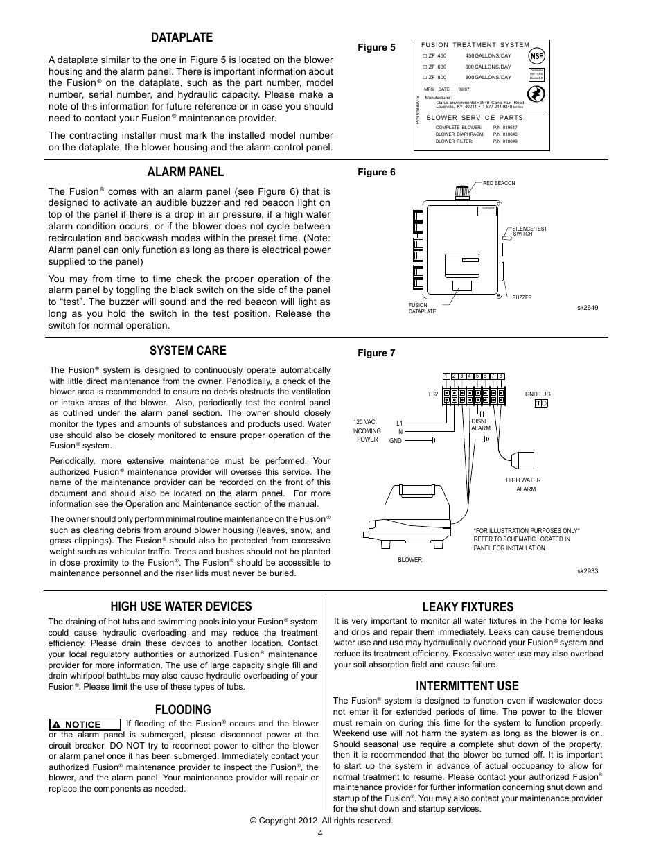 Pr el im in a ry, Leaky fixtures, High use water devices | Alarm panel dataplate flooding, System care, Intermittent use | Clarus Environmental Fusion Series Treatment Systems 450/600/800 User Manual | Page 4 / 20