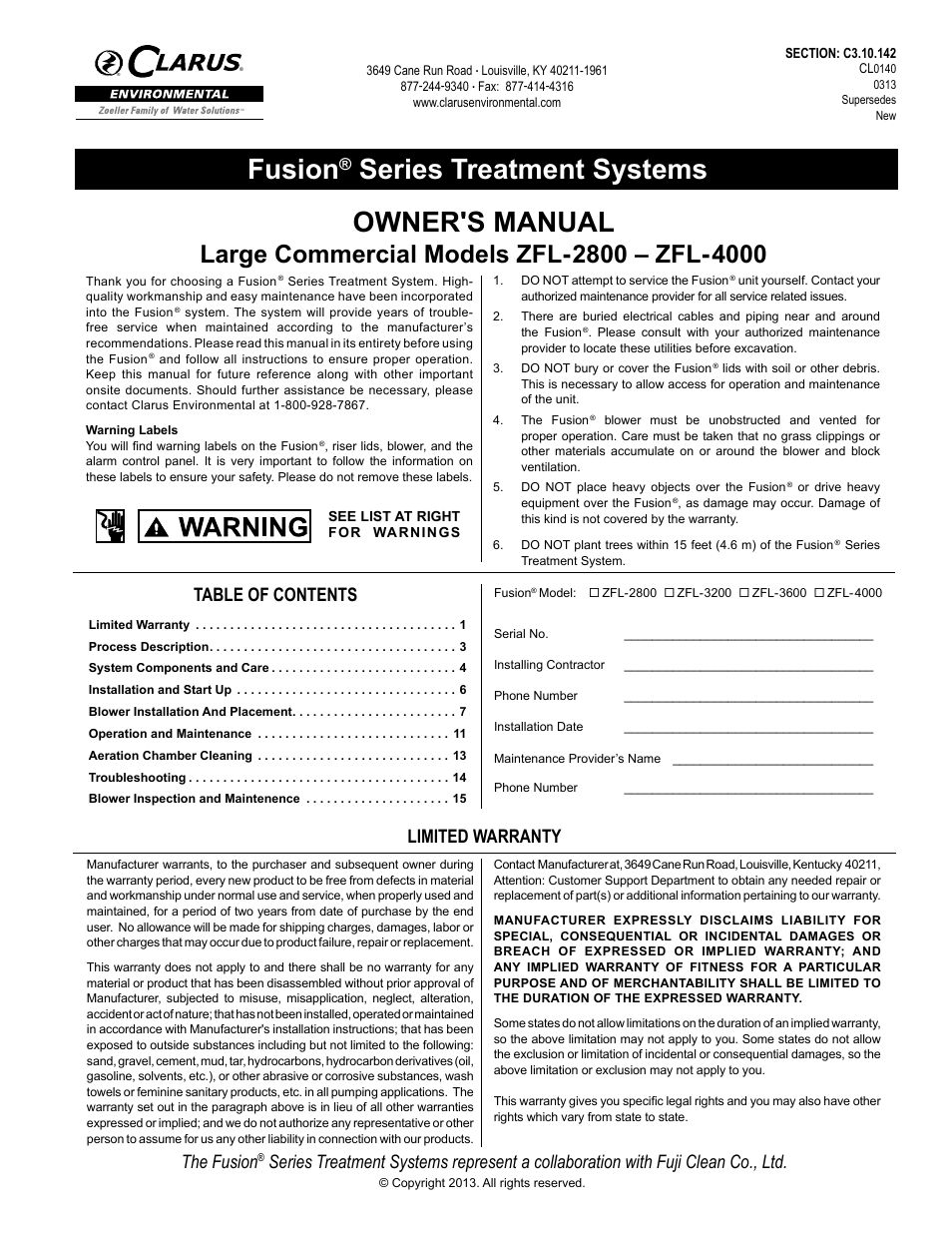 Clarus Environmental Fusion Series Treatment Systems 2800/3200/3600/4000 User Manual | 20 pages