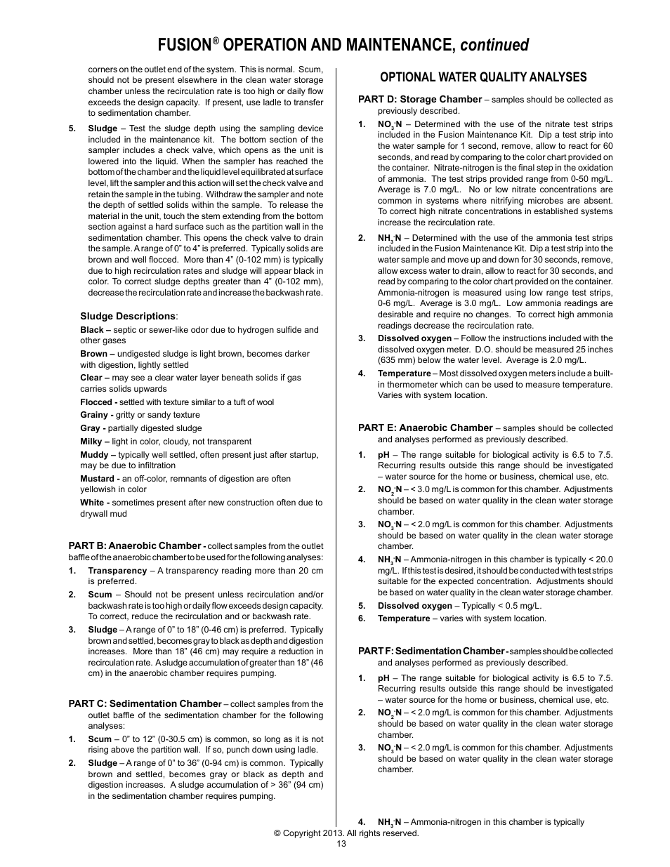 Fusion, Operation and maintenance, continued, Optional water quality analyses | Clarus Environmental Fusion Series Treatment Systems 2800/3200/3600/4000 User Manual | Page 13 / 20
