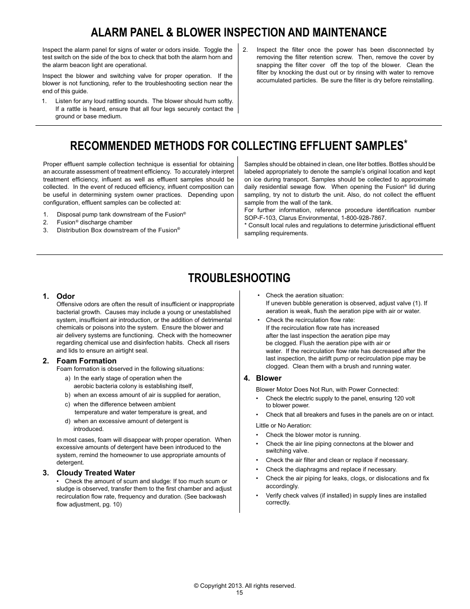 Troubleshooting | Clarus Environmental Fusion Series Treatment Systems 2800/3200/3600/4000 User Manual | Page 15 / 20
