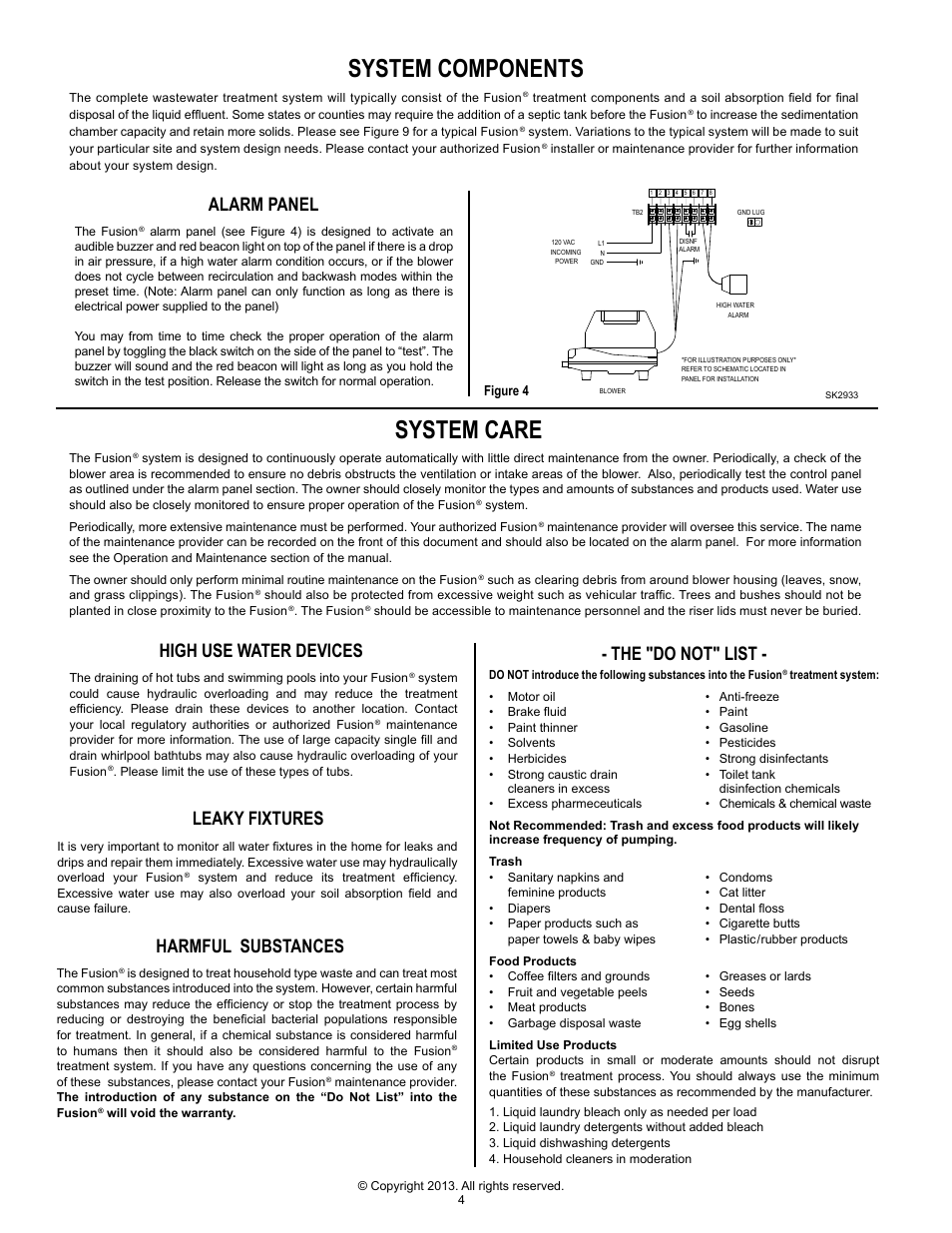 System components system care, Leaky fixtures, High use water devices | Alarm panel harmful substances, The "do not" list | Clarus Environmental Fusion Series Treatment Systems 2800/3200/3600/4000 User Manual | Page 4 / 20