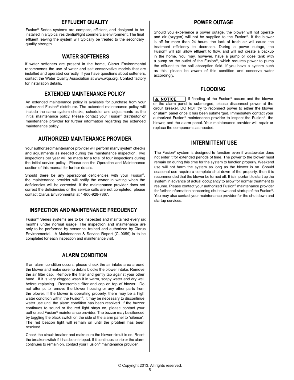 Water softeners authorized maintenance provider, Alarm condition, Power outage | Flooding, Extended maintenance policy, Intermittent use | Clarus Environmental Fusion Series Treatment Systems 2800/3200/3600/4000 User Manual | Page 5 / 20