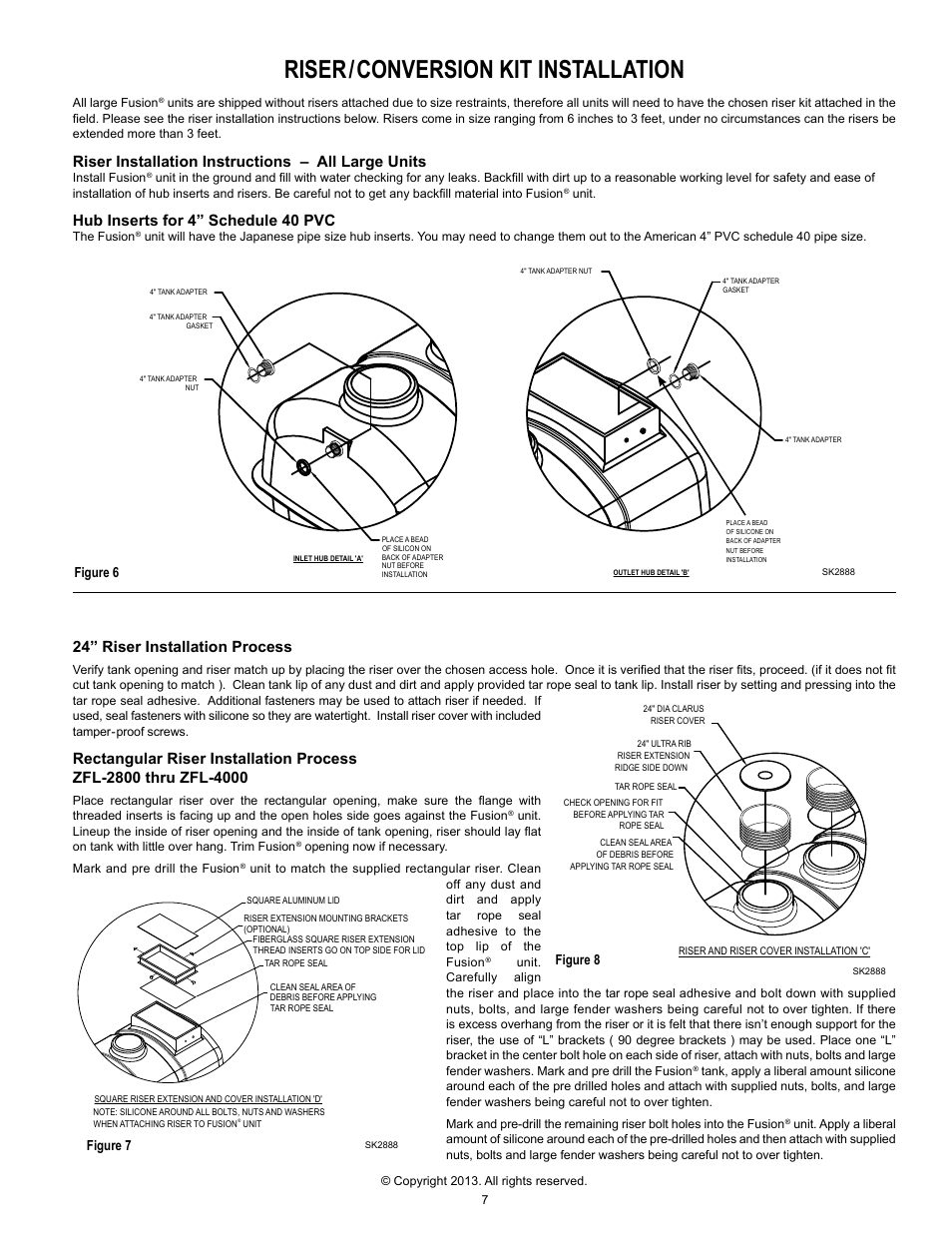 Riser/conversion kit installation, Riser installation instructions – all large units, Hub inserts for 4” schedule 40 pvc | 24” riser installation process, Figure 6 figure 7 figure 8 | Clarus Environmental Fusion Series Treatment Systems 2800/3200/3600/4000 User Manual | Page 7 / 20