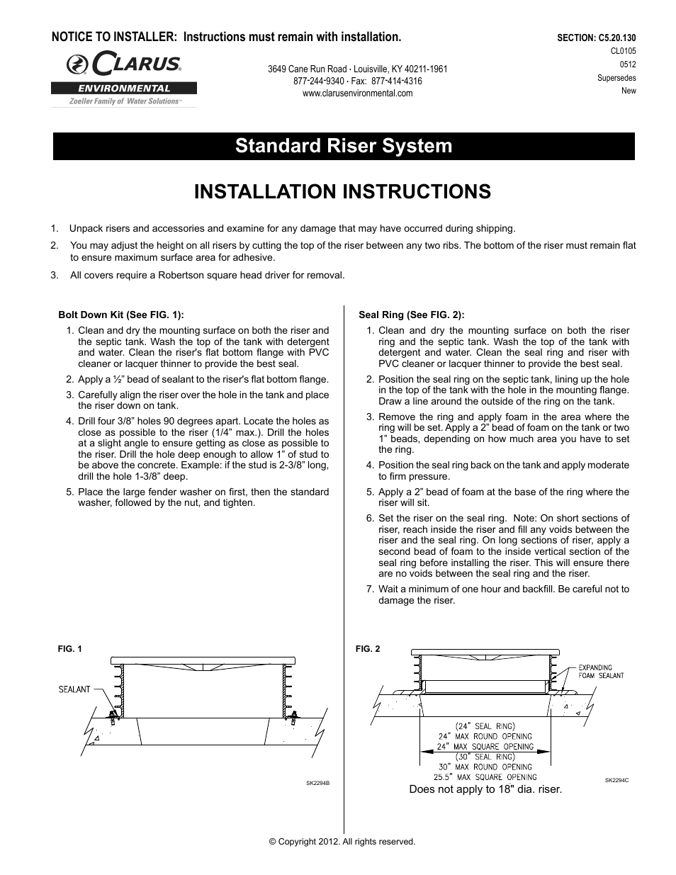 Clarus Environmental Standard Riser Systems User Manual | 2 pages