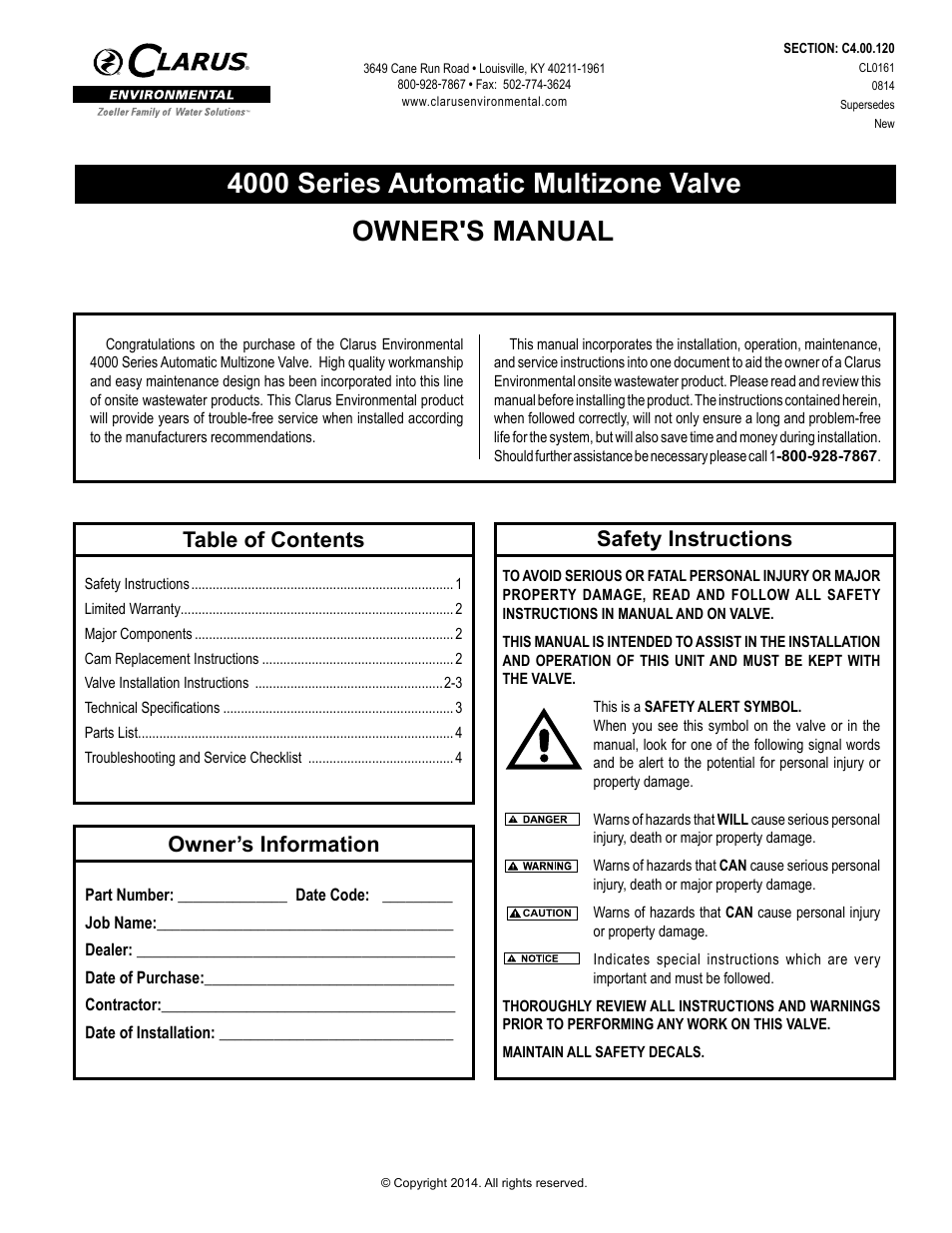 Clarus Environmental 4000 Series Automatic Multizone Valve User Manual | 4 pages