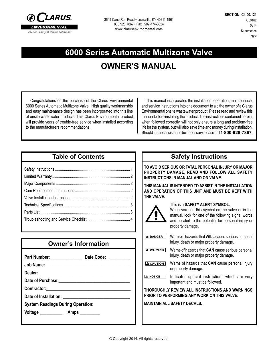 Clarus Environmental 6000 Series Automatic Multizone Valve User Manual | 4 pages