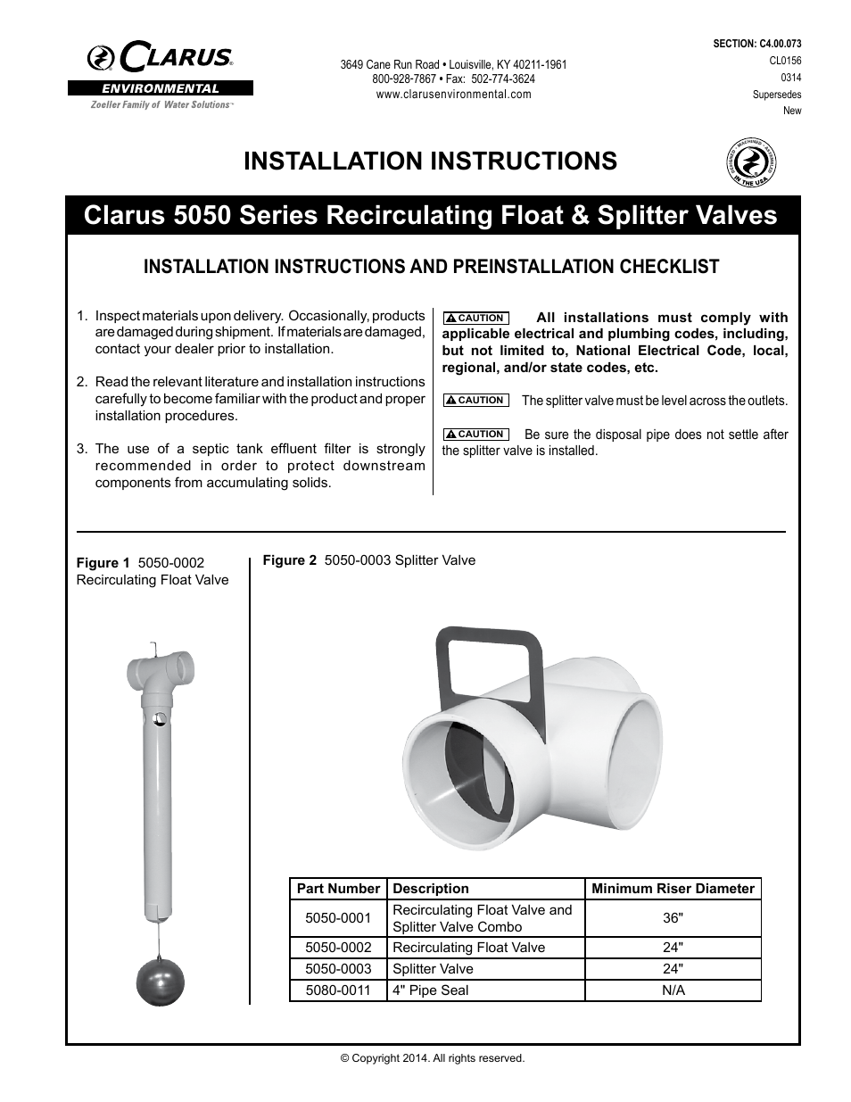 Clarus Environmental Clarus 5050 Series Recirculating Float & Splitter Valves User Manual | 2 pages