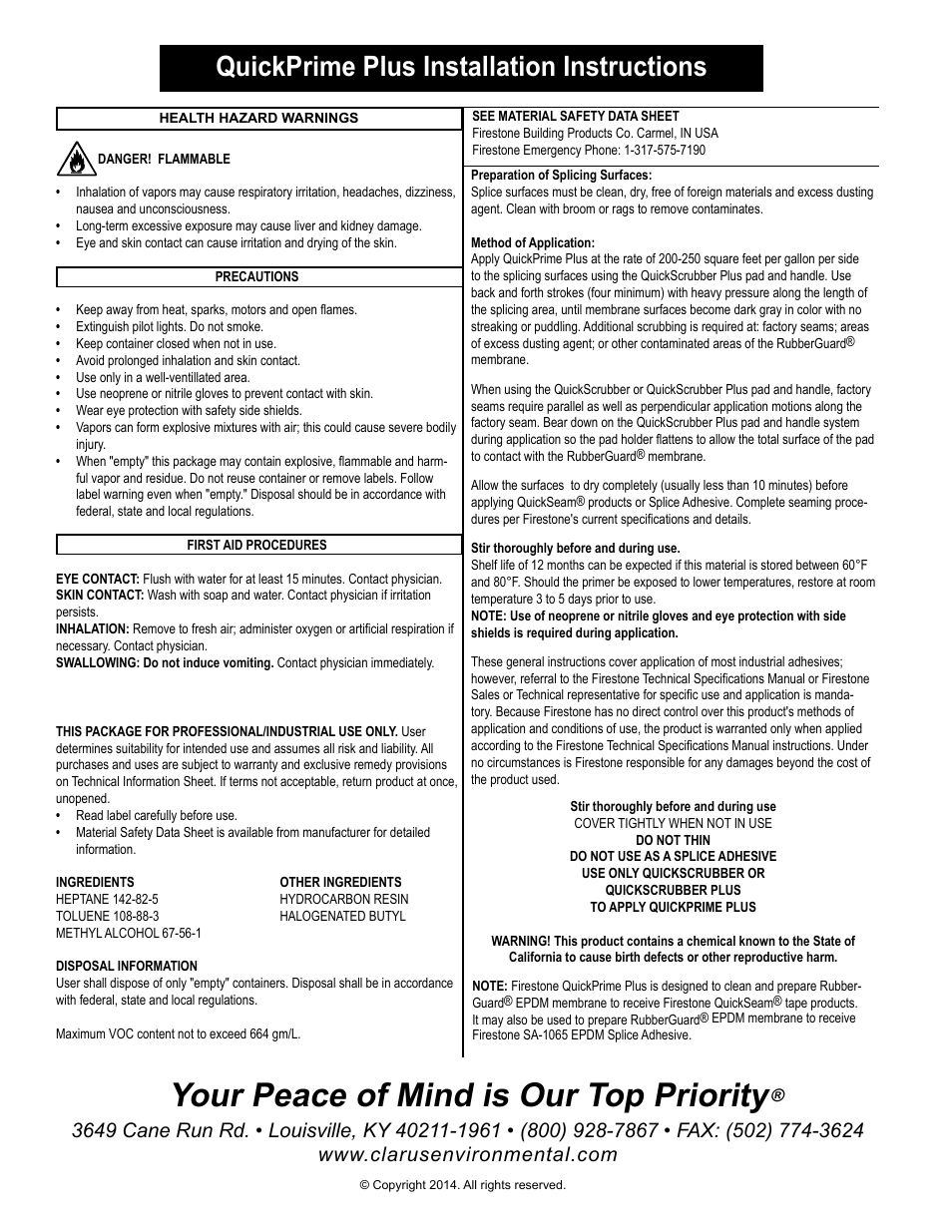 Your peace of mind is our top priority, Quickprime plus installation instructions | Clarus Environmental Pipe Boot Seal User Manual | Page 2 / 2