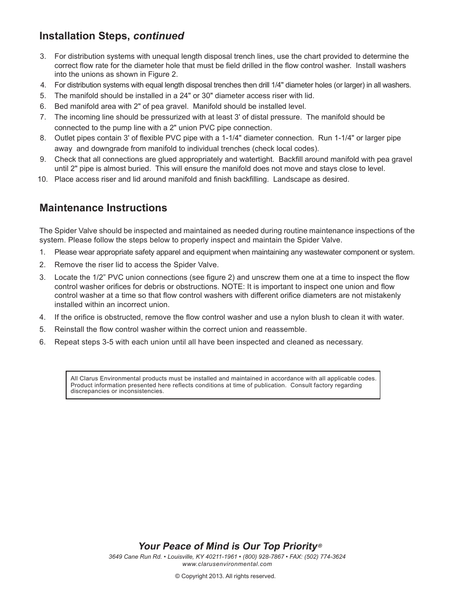 Installation steps, continued, Maintenance instructions, Your peace of mind is our top priority | Clarus Environmental Spider Valve User Manual | Page 2 / 2