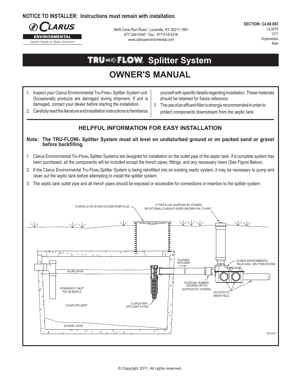 Clarus Environmental Tru-Flow Splitter System User Manual | 4 pages