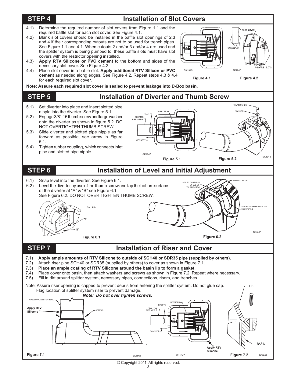 Step 5 installation of diverter and thumb screw, Step 7 installation of riser and cover, Step 4 installation of slot covers | Clarus Environmental Tru-Flow Splitter System User Manual | Page 3 / 4