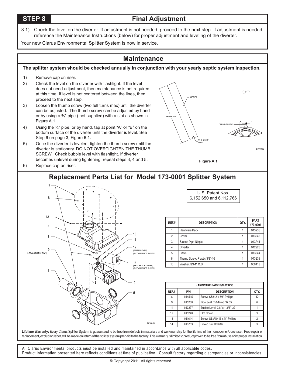 Step 8 final adjustment, Maintenance | Clarus Environmental Tru-Flow Splitter System User Manual | Page 4 / 4