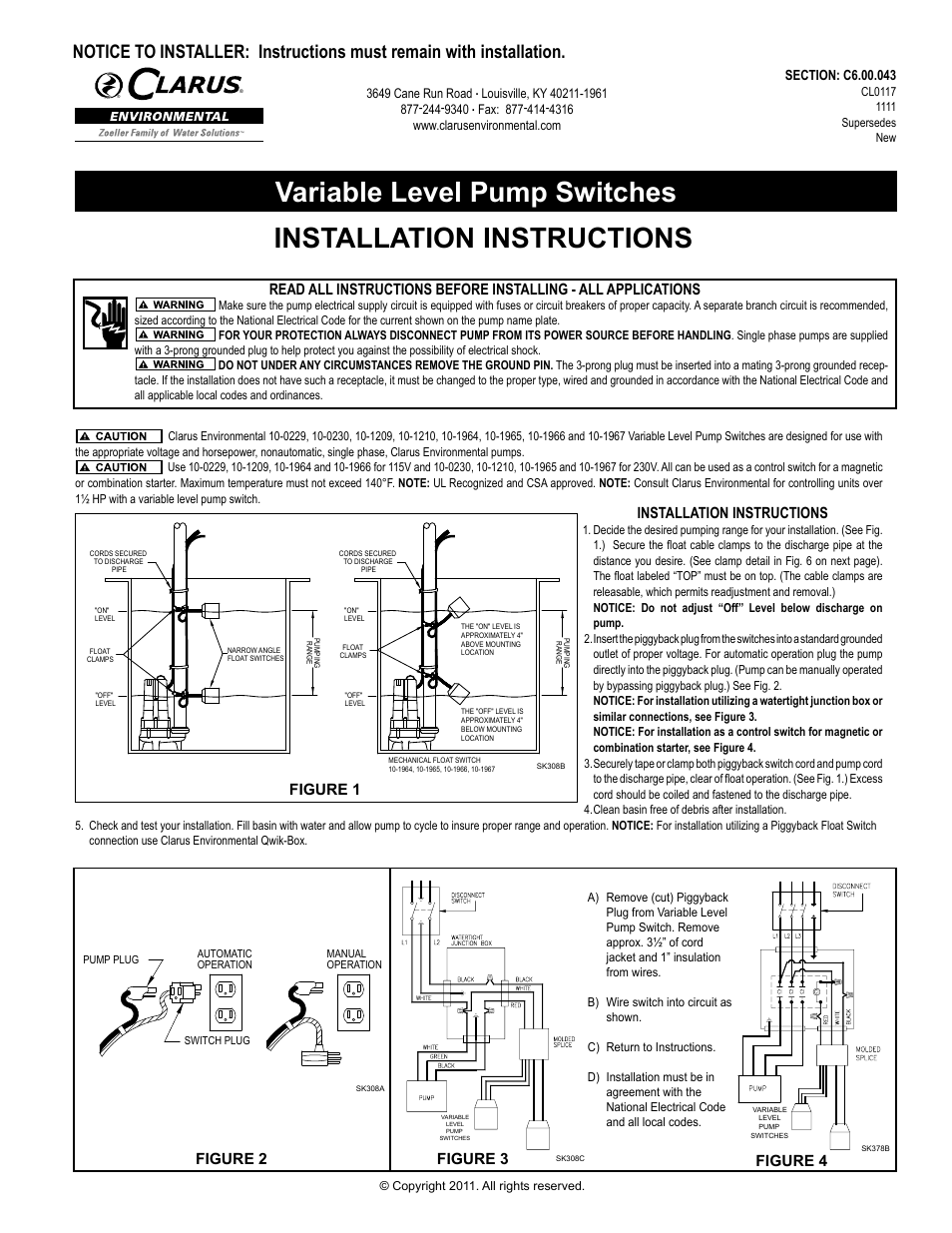 Clarus Environmental Variable Level Pump Switches User Manual | 2 pages