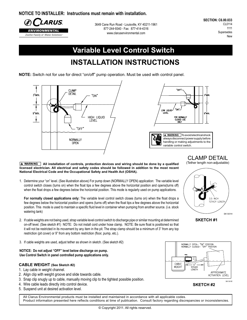 Clarus Environmental Variable Level Control Switch User Manual | 1 page