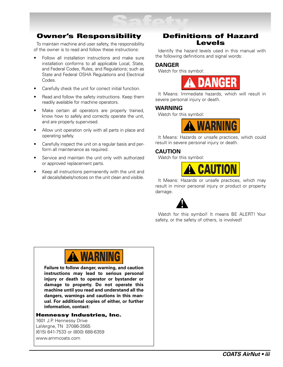 Safety, Caution warning danger, Warning | COATS AirNut User Manual | Page 3 / 12