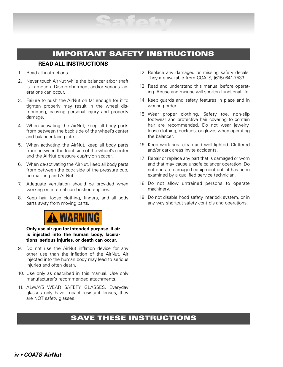 Safety, Warning | COATS AirNut User Manual | Page 4 / 12