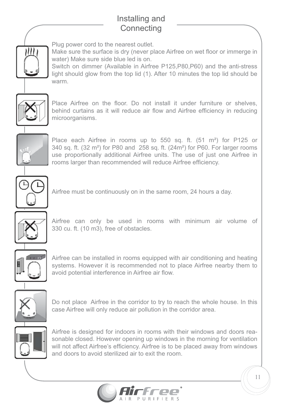 Installing and connecting | Airfree P60 User Manual | Page 13 / 24