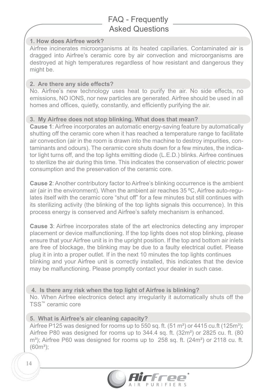 Faq - frequently asked questions | Airfree P60 User Manual | Page 16 / 24