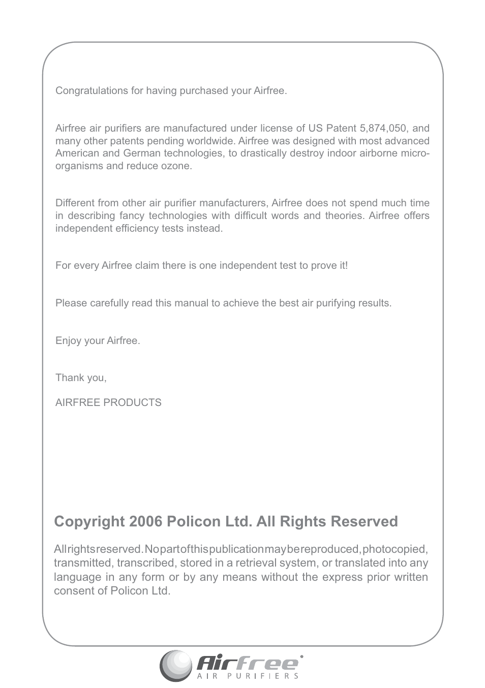 Copyright 2006 policon ltd. all rights reserved | Airfree P60 User Manual | Page 2 / 24