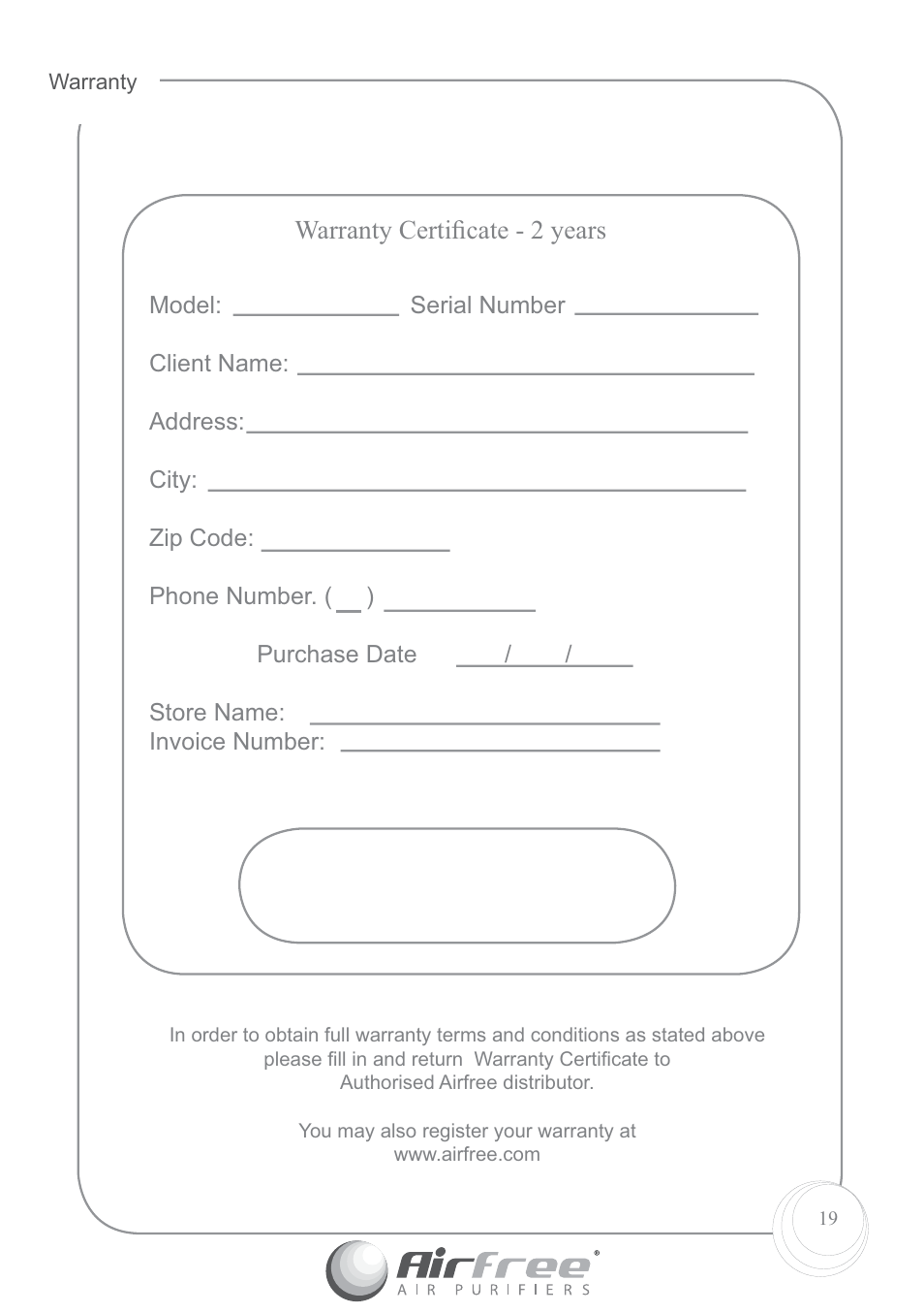 Warranty certiﬁ cate - 2 years | Airfree P60 User Manual | Page 21 / 24