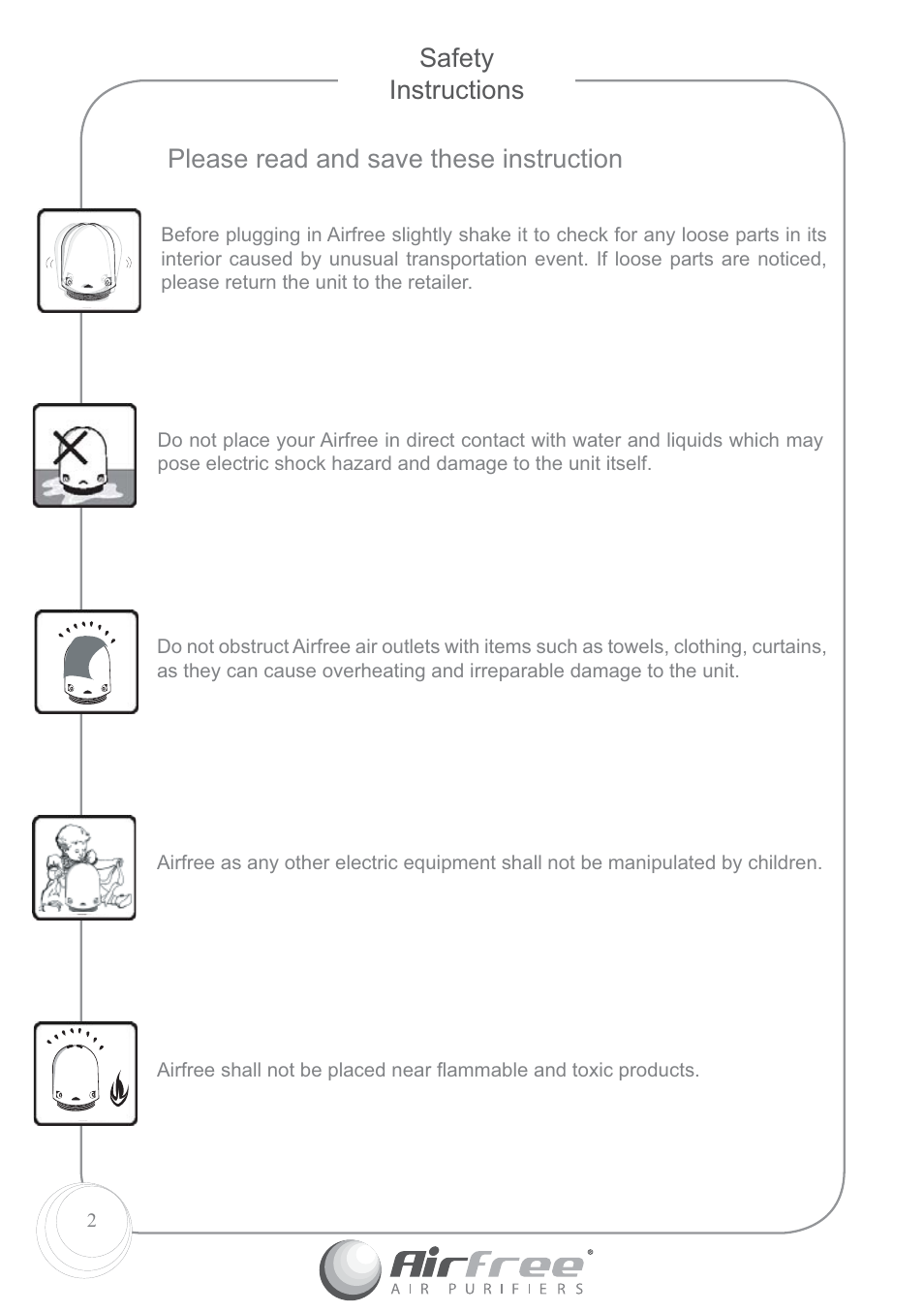 Safety instructions, Please read and save these instruction | Airfree P60 User Manual | Page 4 / 24