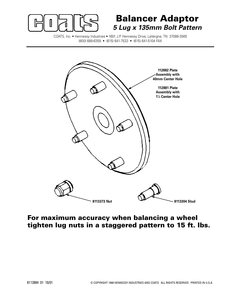 COATS Balancer Adapter, 5 lug x 135mm Bolt Pattern User Manual | 1 page