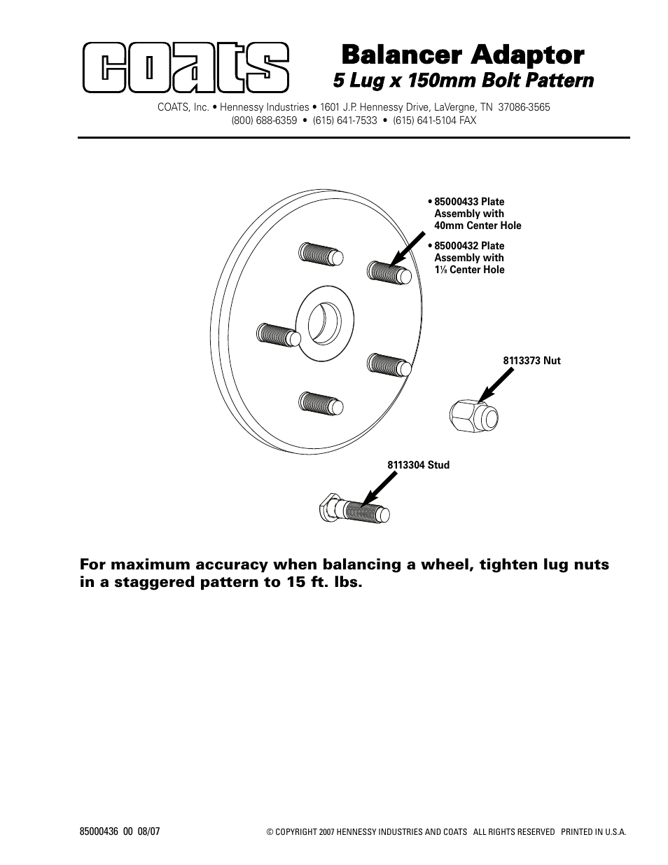 COATS Balancer Adapter, 5 lug x 150mm Bolt Pattern User Manual | 1 page