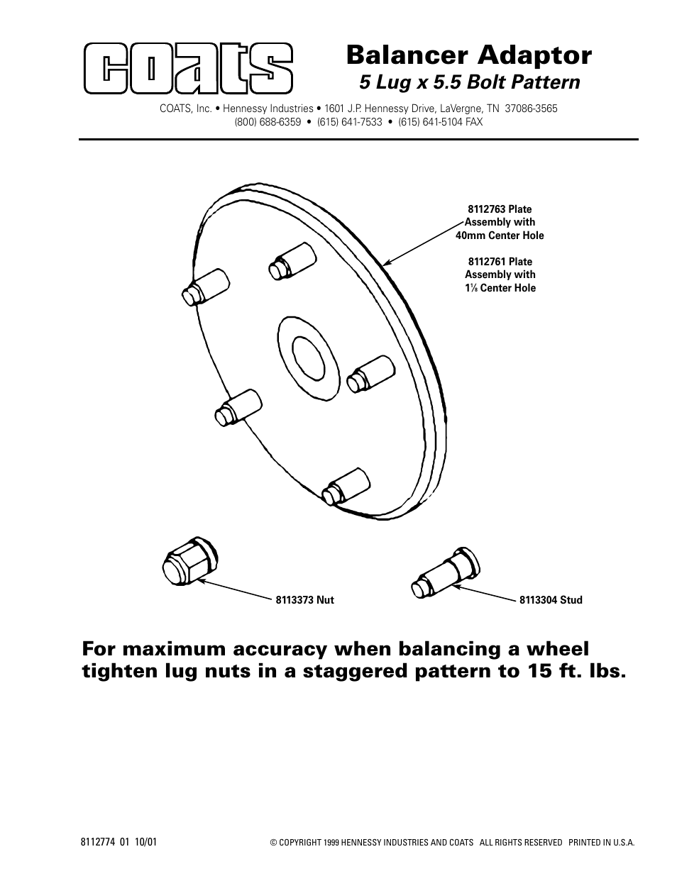 COATS Balancer Adapter, 5 lug x 5.5 Bolt Pattern User Manual | 1 page