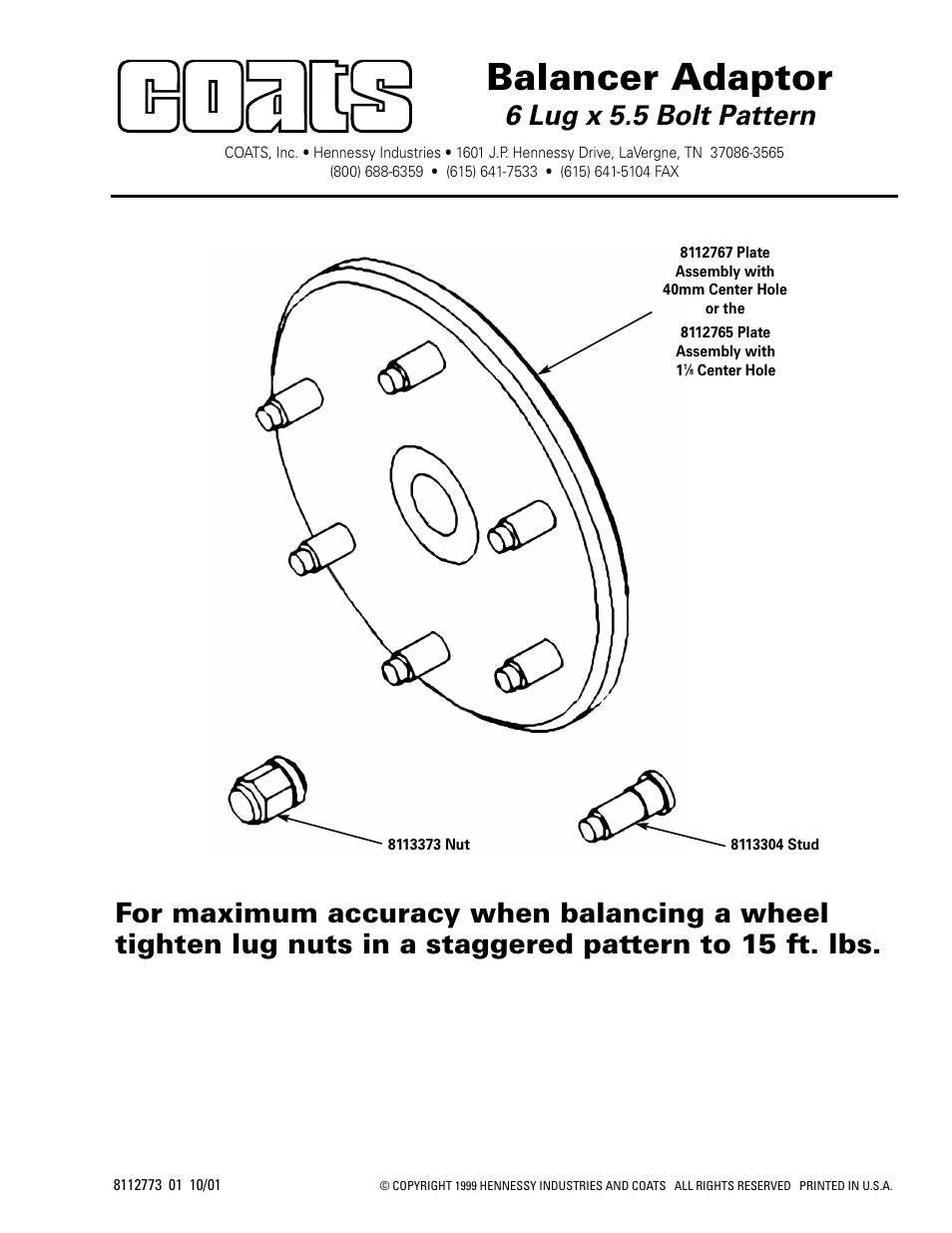 COATS Balancer Adapter, 6 lug x 5.5 Bolt Pattern User Manual | 1 page